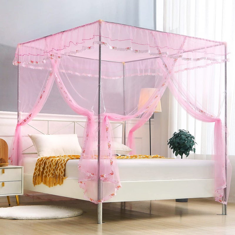 JQWUPUP Twin Canopy Bed Curtains - 4 Corner Canopy for Beds, Bed Canopy for Girls Adults, Bedroom Decor (Twin Size, Pink) - Image 3